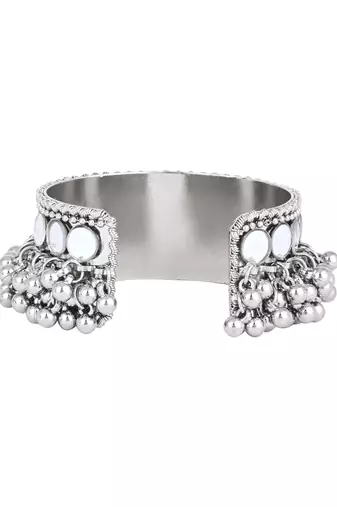 silver oxidised afghani ghungroo & mirror work adjustable cuff kada bracelet