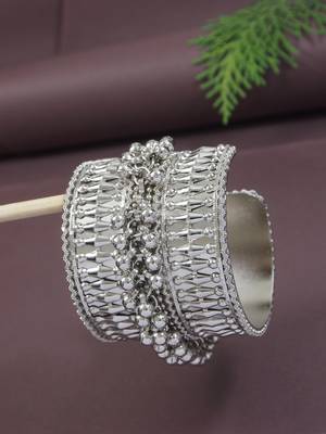 silver oxidised afghani ghungroo & mirror work adjustable cuff kada bracelet 1