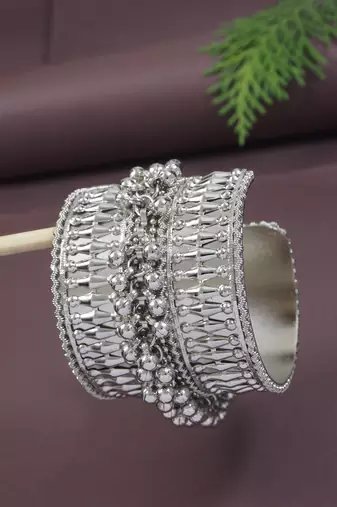 silver oxidised afghani ghungroo & mirror work adjustable cuff kada bracelet