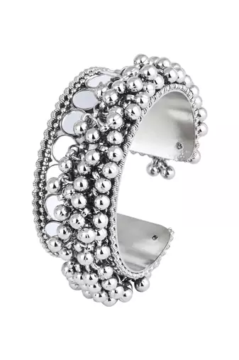 silver oxidised afghani ghungroo & mirror work adjustable cuff kada bracelet