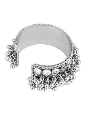 silver oxidised afghani ghungroo & mirror work adjustable cuff kada bracelet 5