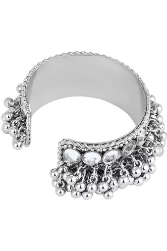 silver oxidised afghani ghungroo & mirror work adjustable cuff kada bracelet