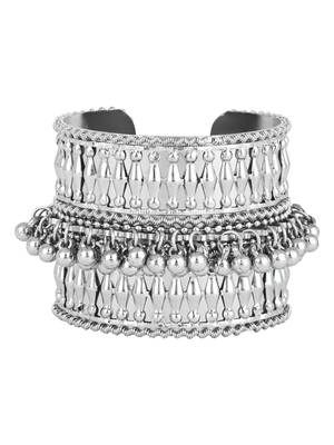 silver oxidised afghani ghungroo & mirror work adjustable cuff kada bracelet 2