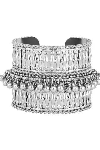 silver oxidised afghani ghungroo & mirror work adjustable cuff kada bracelet