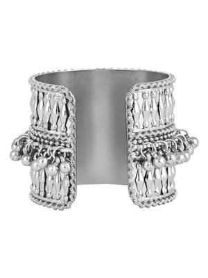 silver oxidised afghani ghungroo & mirror work adjustable cuff kada bracelet 3