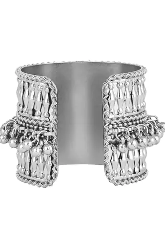 silver oxidised afghani ghungroo & mirror work adjustable cuff kada bracelet