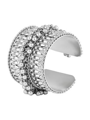 silver oxidised afghani ghungroo & mirror work adjustable cuff kada bracelet 4