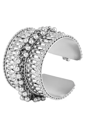 silver oxidised afghani ghungroo & mirror work adjustable cuff kada bracelet