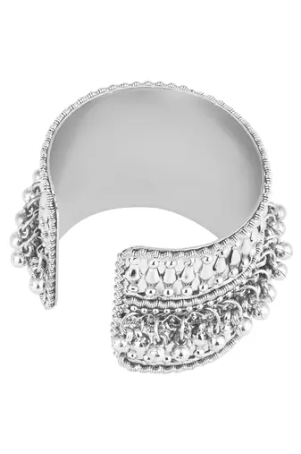silver oxidised afghani ghungroo & mirror work adjustable cuff kada bracelet