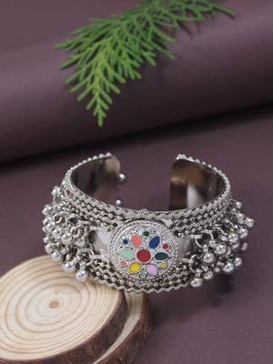 I jewels silver oxidised afghani ghungroo with colorful design adjustable cuff kada bracelet 1