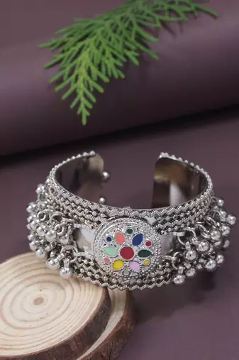 I jewels silver oxidised afghani ghungroo with colorful design adjustable cuff kada bracelet