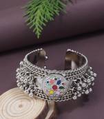 I jewels silver oxidised afghani ghungroo with colorful design adjustable cuff kada bracelet