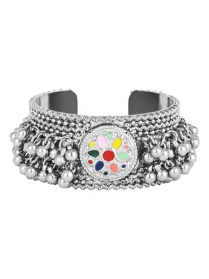 I jewels silver oxidised afghani ghungroo with colorful design adjustable cuff kada bracelet 2