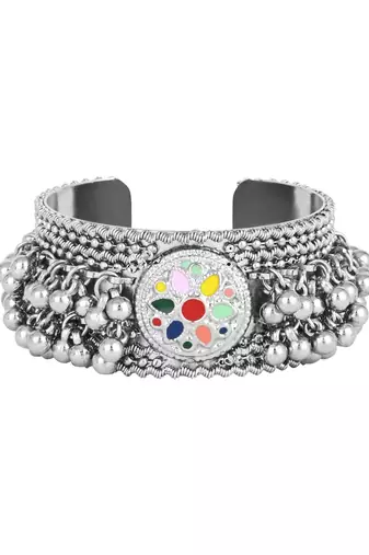 I jewels silver oxidised afghani ghungroo with colorful design adjustable cuff kada bracelet