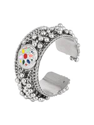 I jewels silver oxidised afghani ghungroo with colorful design adjustable cuff kada bracelet 4