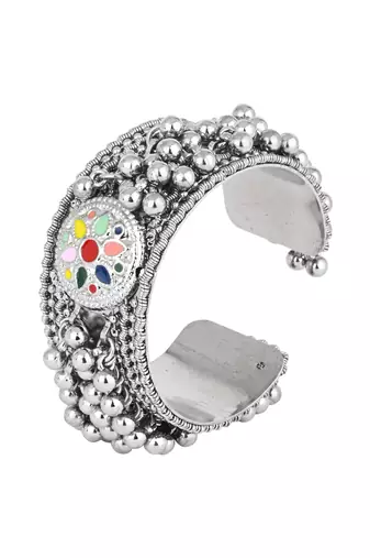 I jewels silver oxidised afghani ghungroo with colorful design adjustable cuff kada bracelet
