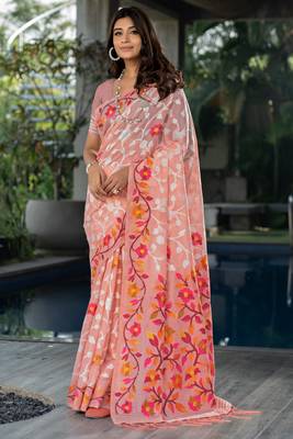 Peach Woven Design Cotton blend Jamdani Saree  1