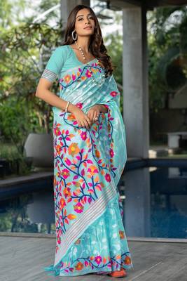 Ruhani Blushing Sky-Blue Cotton Jamdani Saree 3