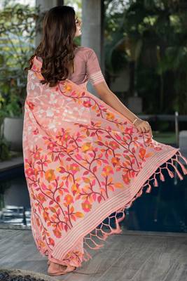 Peach Woven Design Cotton blend Jamdani Saree  3