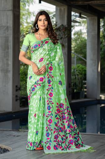 Ruhani Blushing Green Cotton Jamdani Saree