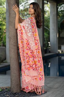 Peach Woven Design Cotton blend Jamdani Saree  4