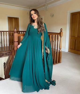 Teal Colour Heavy Embroidery Work Faux Georgette Gown With Dupatta Set 1