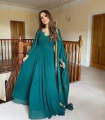 Teal Colour Heavy Embroidery Work Faux Georgette Gown With Dupatta Set