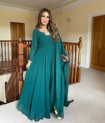 Teal Colour Heavy Embroidery Work Faux Georgette Gown With Dupatta Set 3
