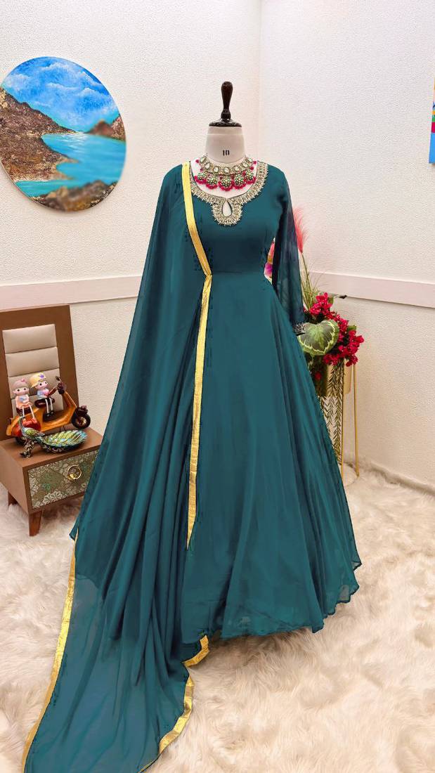 Teal Colour Heavy Embroidery Work Faux Georgette Gown With Dupatta Set