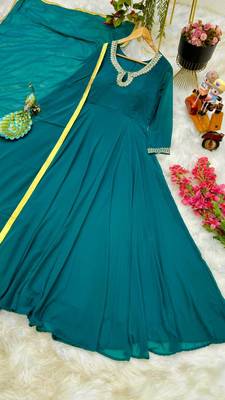 Teal Colour Heavy Embroidery Work Faux Georgette Gown With Dupatta Set 5