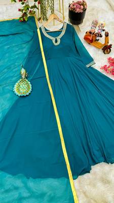 Teal Colour Heavy Embroidery Work Faux Georgette Gown With Dupatta Set 6