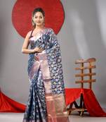 Blue organza saree with  allover multicolor flower