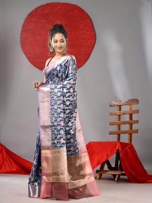 Blue organza saree with  allover multicolor flower 2