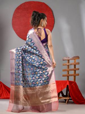 Blue organza saree with  allover multicolor flower 3