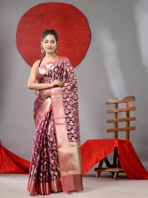 Magenta organza saree with  allover multicolor flower 1