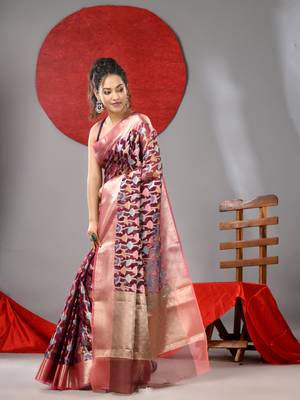 Magenta organza saree with  allover multicolor flower 2