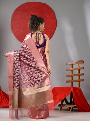 Magenta organza saree with  allover multicolor flower 3