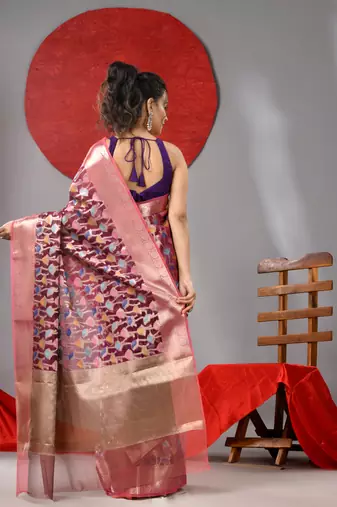 Magenta organza saree with  allover multicolor flower