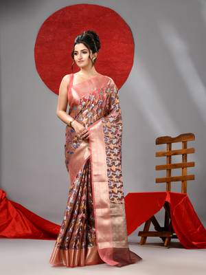 Light brown organza saree with  allover multicolor flower 1