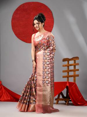 Light brown organza saree with  allover multicolor flower 2