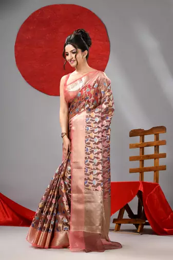 Light brown organza saree with  allover multicolor flower