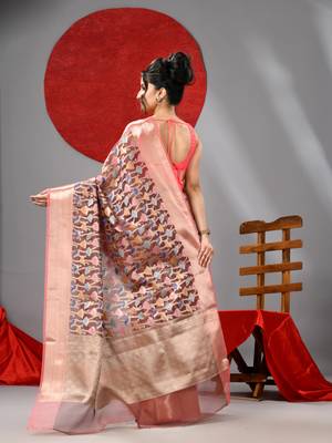 Light brown organza saree with  allover multicolor flower 3