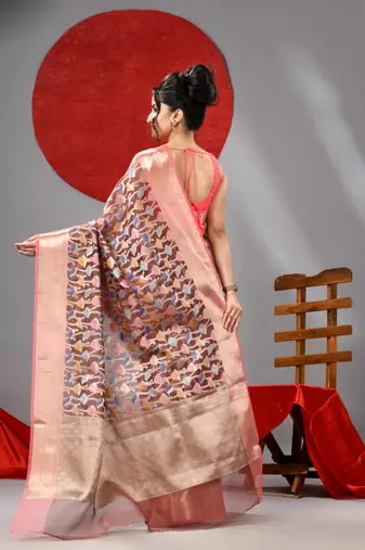 Light brown organza saree with  allover multicolor flower