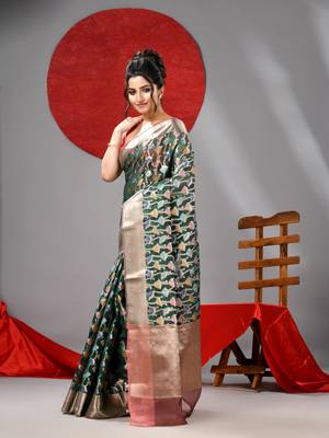 Dark green organza saree with  allover multicolor flower 2