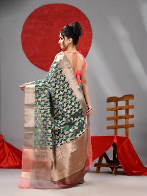 Dark green organza saree with  allover multicolor flower 3