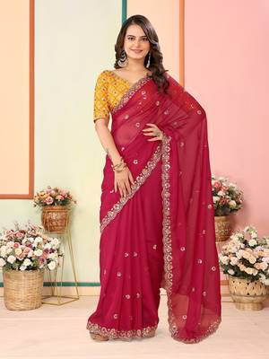 Red Embroidered Georgette Saree with Unstitched Blouse 1