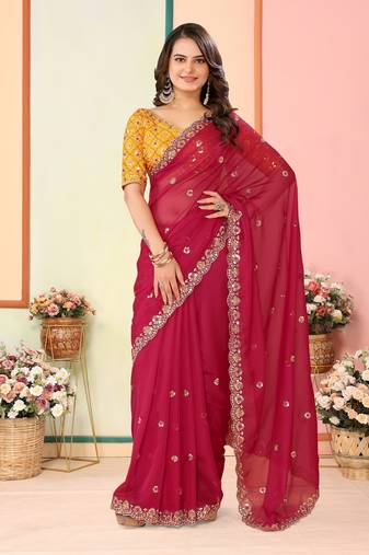 Red Embroidered Georgette Saree with Unstitched Blouse