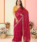Red Embroidered Georgette Saree with Unstitched Blouse