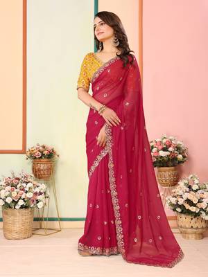 Red Embroidered Georgette Saree with Unstitched Blouse 2