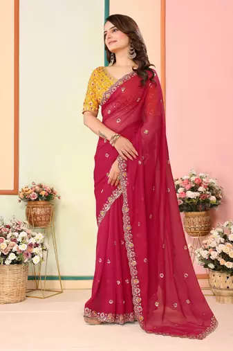 Red Embroidered Georgette Saree with Unstitched Blouse